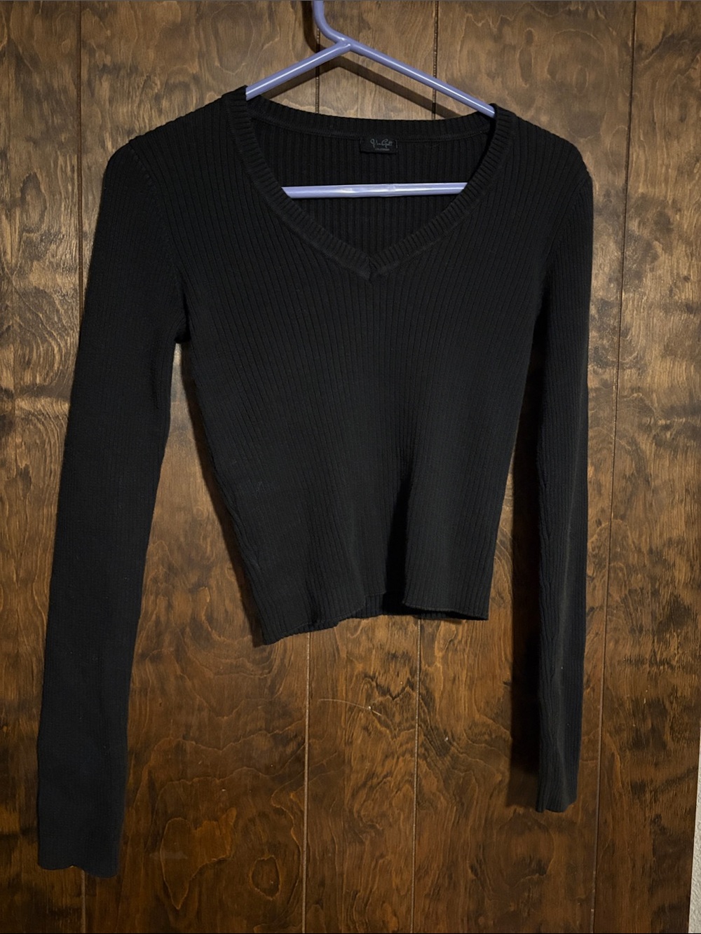 Black Ribbed V-Neck Long Sleeve Crop Top - Women's